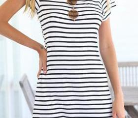Simple O Neck Striped Mini Dress on Luulla