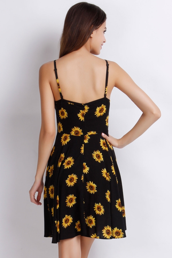 Sunflower Print Spaghetti Stripe Mini Dress on Luulla