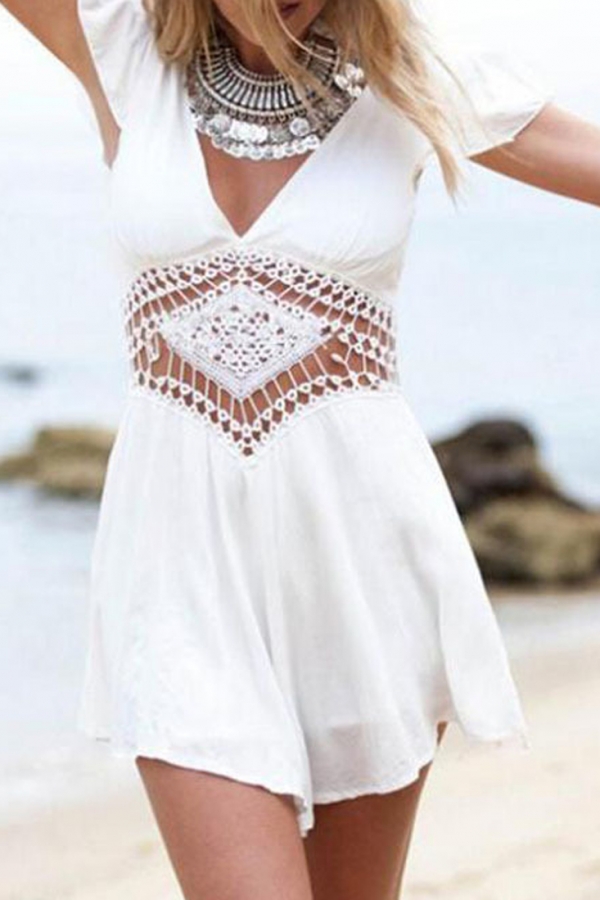 Solid White Lace Paneled Cap Sleeve Romper. on Luulla