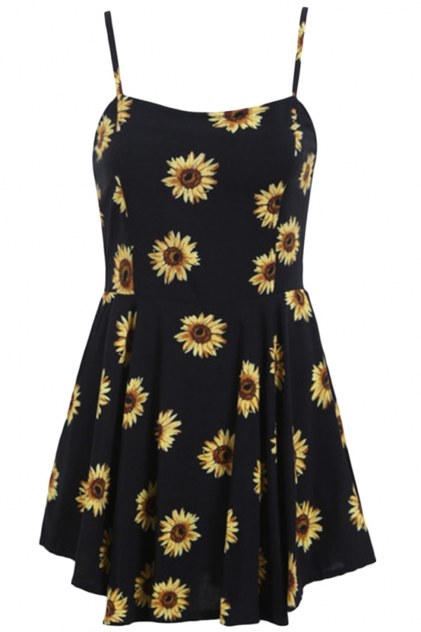 Sunflower Print Spaghetti Stripe Mini Dress on Luulla
