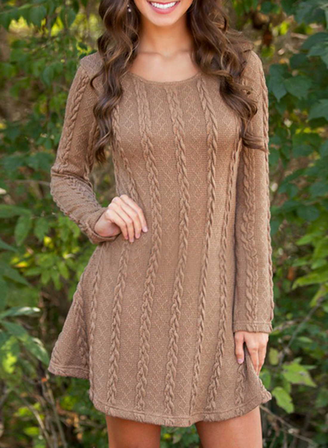 Simple Cable Knit Round Neck Sweater Dress on Luulla
